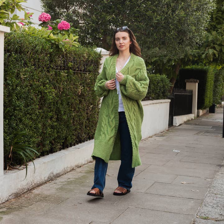 Cara & The Sky - Wholesale Cardigan - Women's - Alex Cable Longline Balloon Sleeve Cardigan - Green | Knit