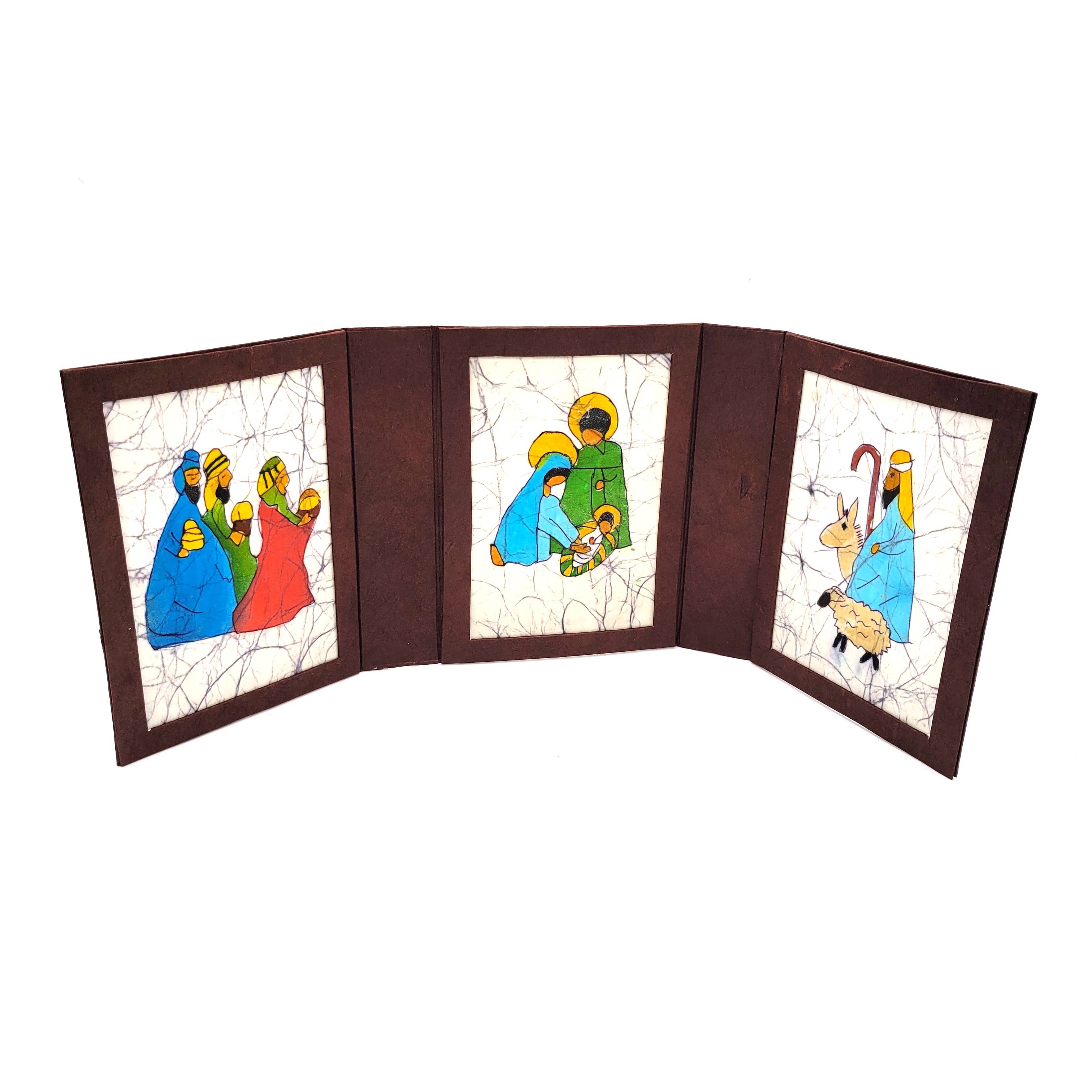 Eclectic Woodchuck – wholesale Nativity scene decor – Batik Nativity Triptych in Paper Mache Box 9