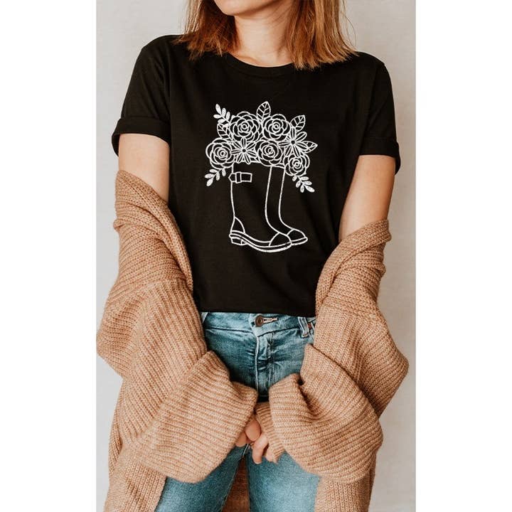 Bouquet in Rain Boots Spring Easter Graphic Tee for wholesale by Select Apparel
