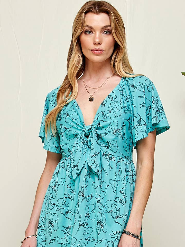 JADE SPT5092A - WOMEN FLORAL V NECK BABYDOLL TOP WITH FRONT TIE for wholesale on Faire