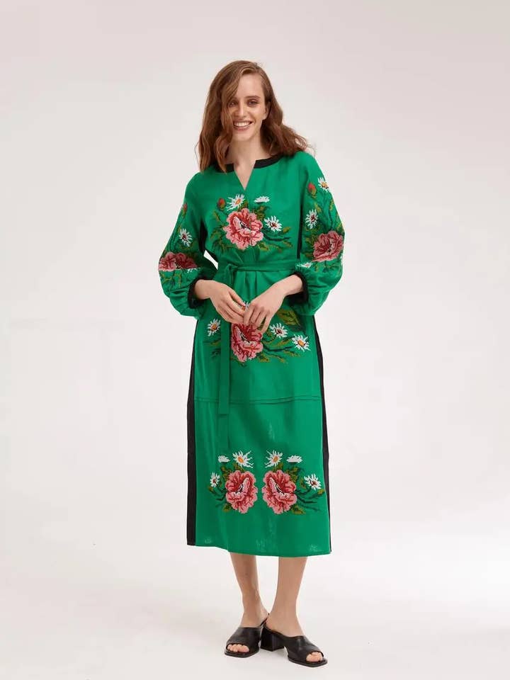 Embroidered Dress Roksolana Green for wholesale by Handmade Originals Ukraine