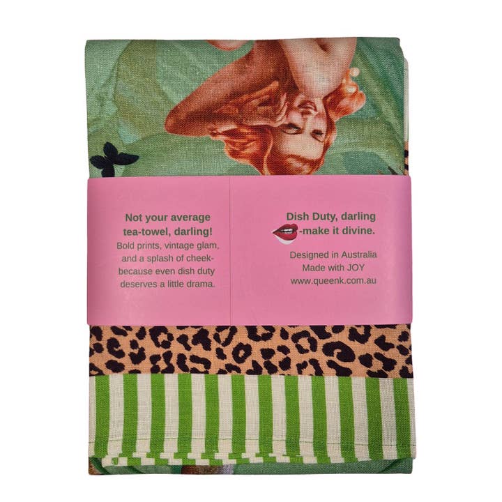 Queen K - Wholesale Tea towel - Jungle Walk Green Wild Retro Glamour 100% Linen Tea Towel2