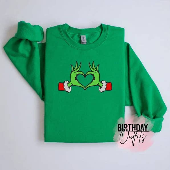 Grinch Heart Embroidered Christmas Sweatshirt, Holiday Apparel, grinch Sweatshirt, Cozy Christmas Embroidery, Christmas Gifts for wholesale by BIRTHDAY OUTFITS