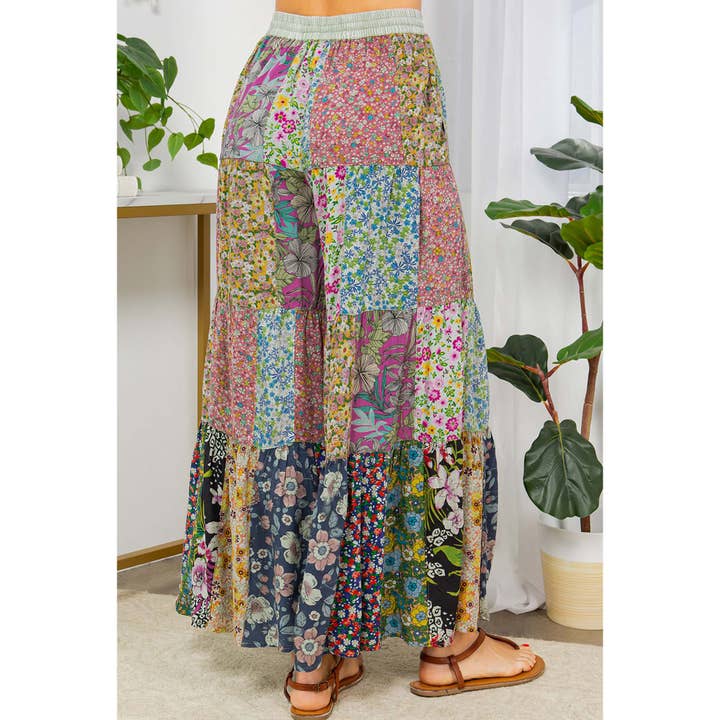 Young Threads - Wholesale Pants - Women's - Printed Patchwork Overdyed Pants With 4 Tiers