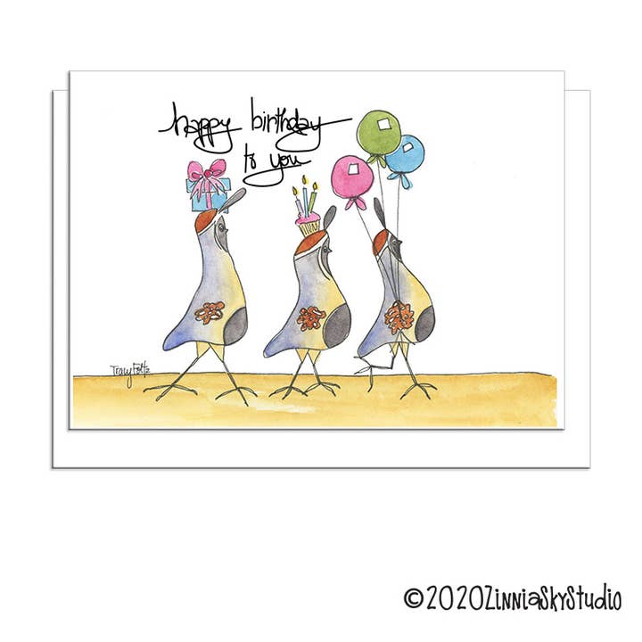 Southwest Three Quail | Carte d'anniversaire pour la vente par Zinnia Sky Studio LLC