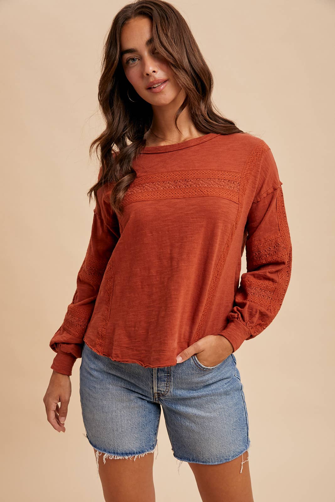 In Loom - Wholesale Blouse - Women's - GARMENT WASHED LACE INSET LONG SLEEVE TOP11