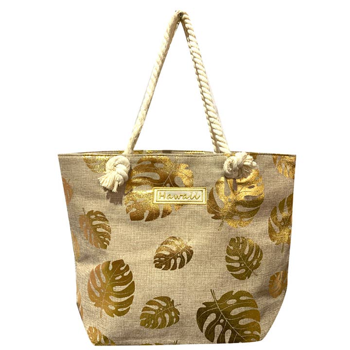 Sac en chanvre feuille de monstera dorée avec fermeture éclair 17x12x4″ 25/boîte, MOQ-4 pour la vente par Bean & Vanilla