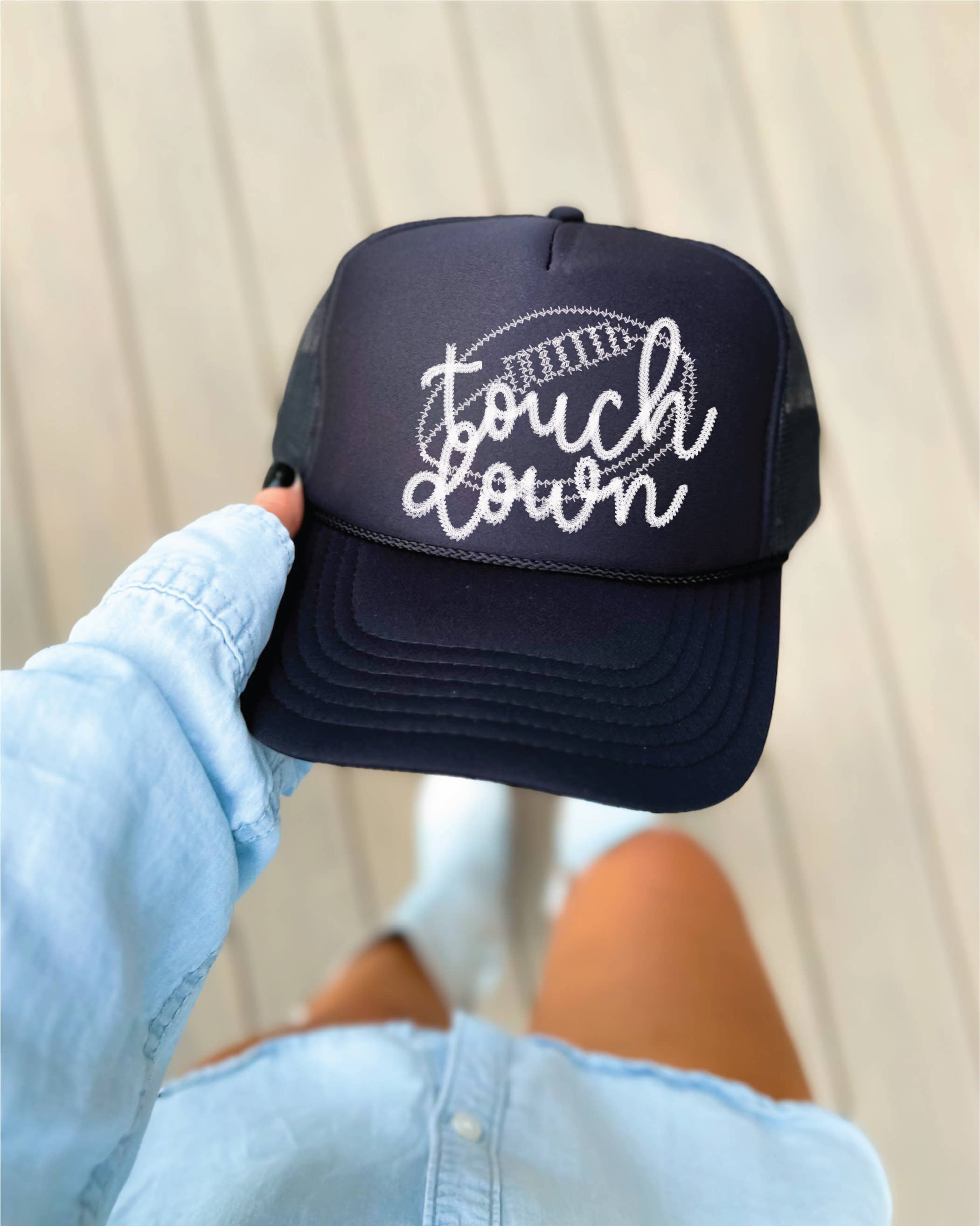 Southern Attitude Designs Inc - Wholesale Trucker Hat - Women's - Touchdown DTF Printed Black Trucker Hat