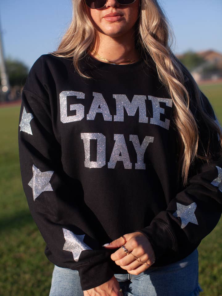 Sudadera de día de partido con purpurina completa en negro y plateado para venta al por mayor de Broke Babes Wholesale