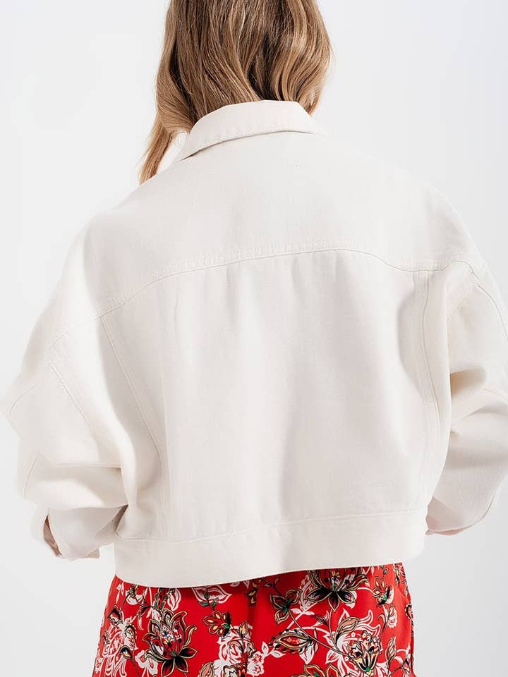 Denim jacket with diamante fringing in white for wholesale on Faire3