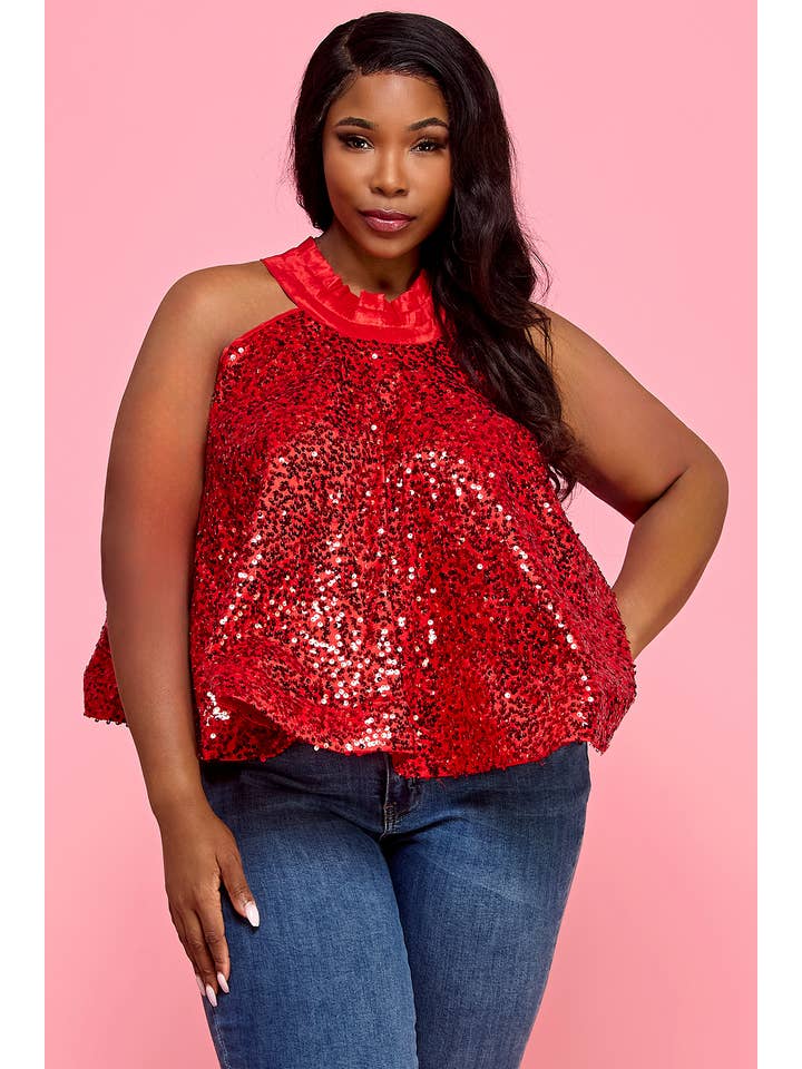 Namatt Design – wholesale Blus - Dam – Plus paljett halterneck ärmlös utsvängd blus topp