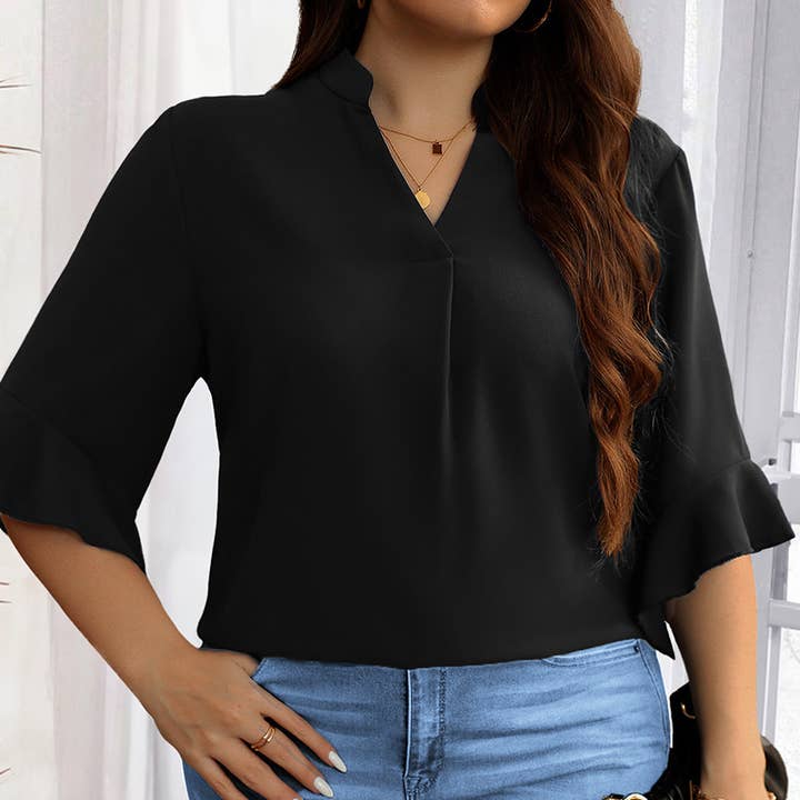 Plus V-Neck Ruffle Half Sleeves Loose Blouse for wholesale by Elings