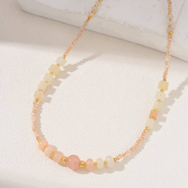 Beads Creation - Wholesale Beaded/Pearl Necklace - Peach Moonstone Beaded Necklace, Gemstone Necklace, NL073