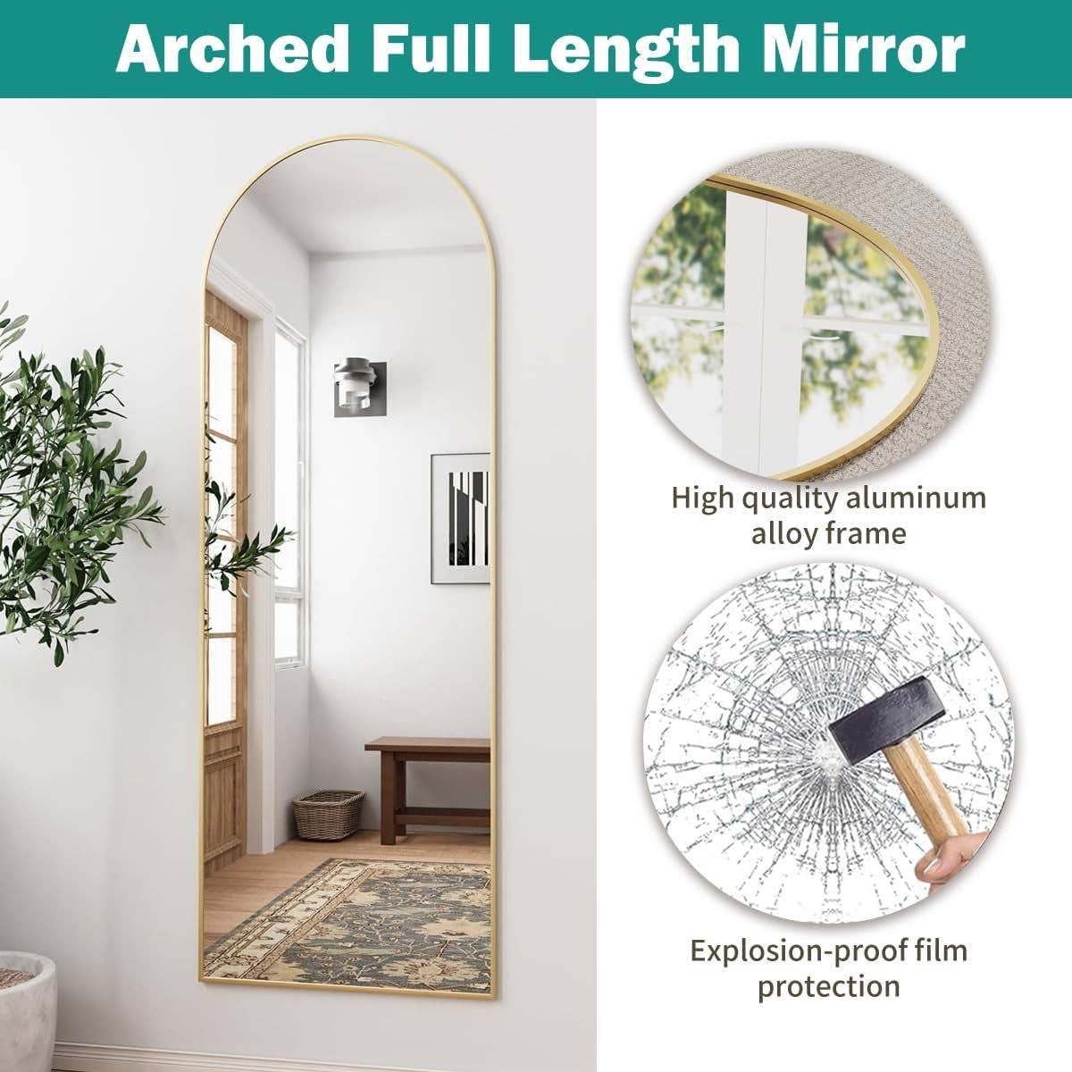 57 Inch Arched Floor Mirror With Stand Gold Aluminum Frame for wholesale on Faire2