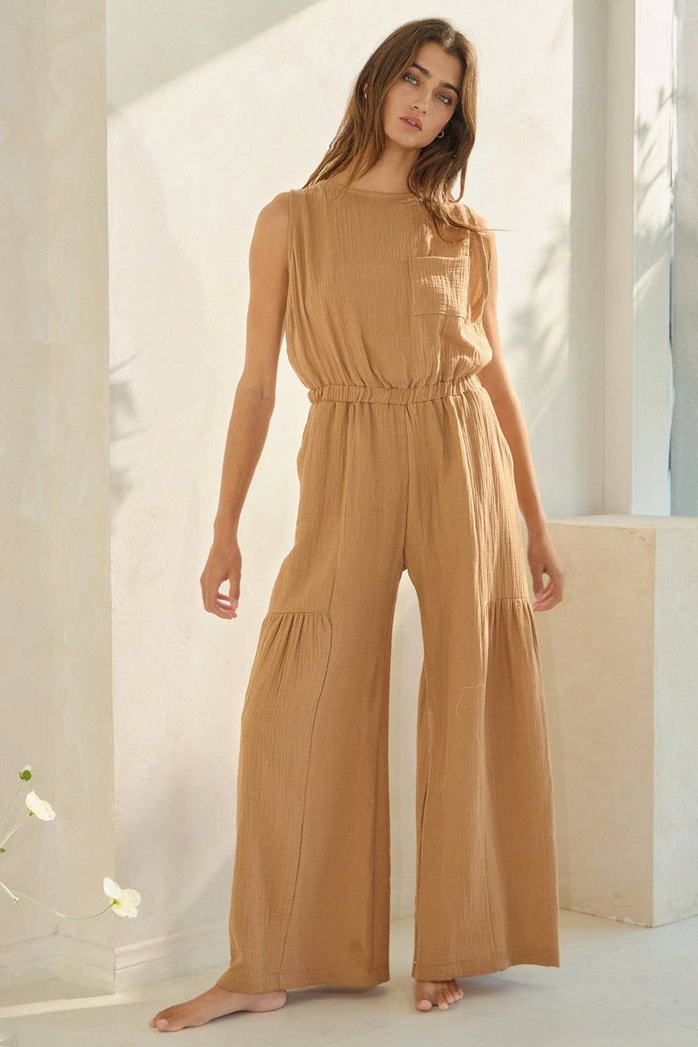 Camel R5569 Contrast Adjustable Bow Back Cotton Gauze Jumpsuit for wholesale on Faire9