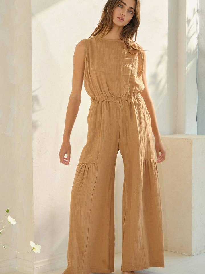 Camel R5569 Contrast Adjustable Bow Back Cotton Gauze Jumpsuit for wholesale on Faire9