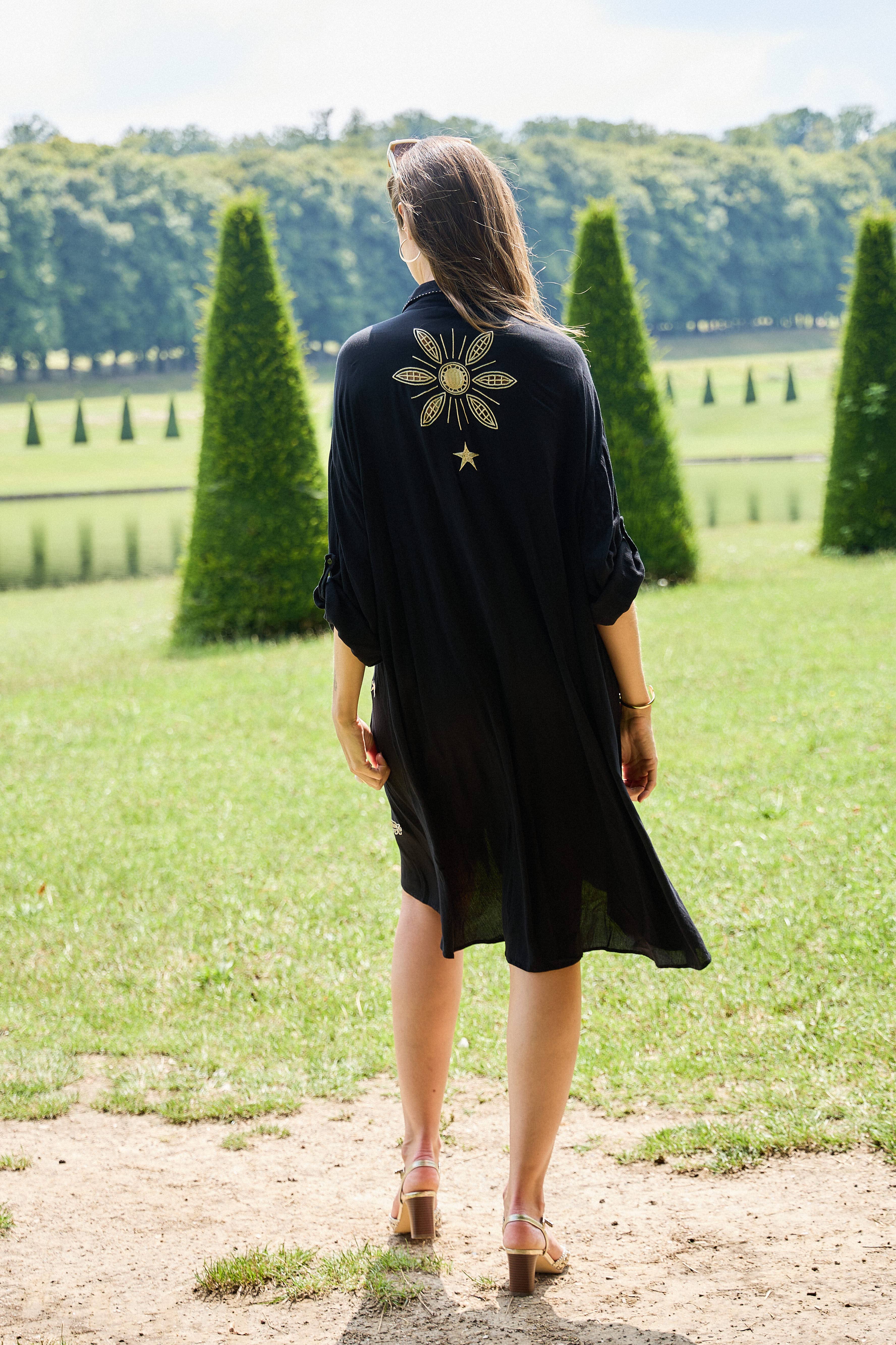 Black Embroidered shirt dress, V-neck, flared cut for wholesale on Faire3