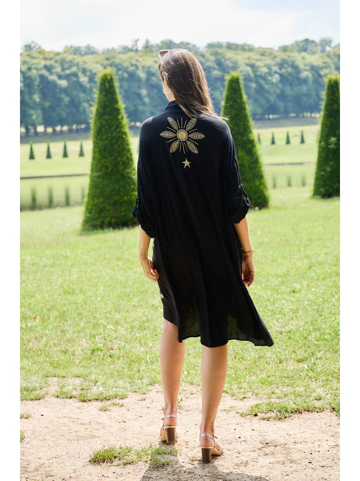 Black Embroidered shirt dress, V-neck, flared cut for wholesale on Faire3