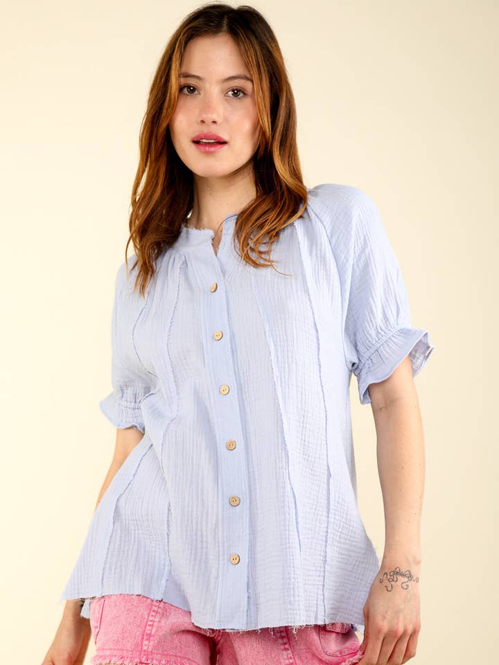 VERY J - Wholesale Button Down Shirt - Women's - NT11453-Puff Sleeve Cotton Gauze Shirts Blouse Top