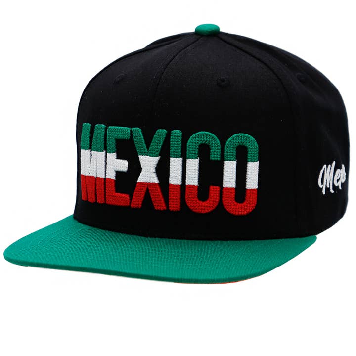 Cap Zone - Wholesale Flat Brim Cap - Unisex - Mexico Logo Chain Stitch Flag Under Bill Print Flat Snapback
