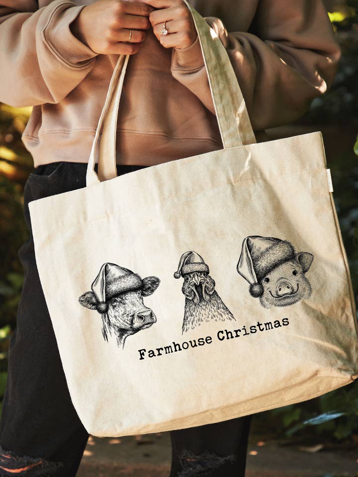 FARMHOUSE CHRISTMAS Canvas Tote Bag for wholesale by OAT COLLECTIVE