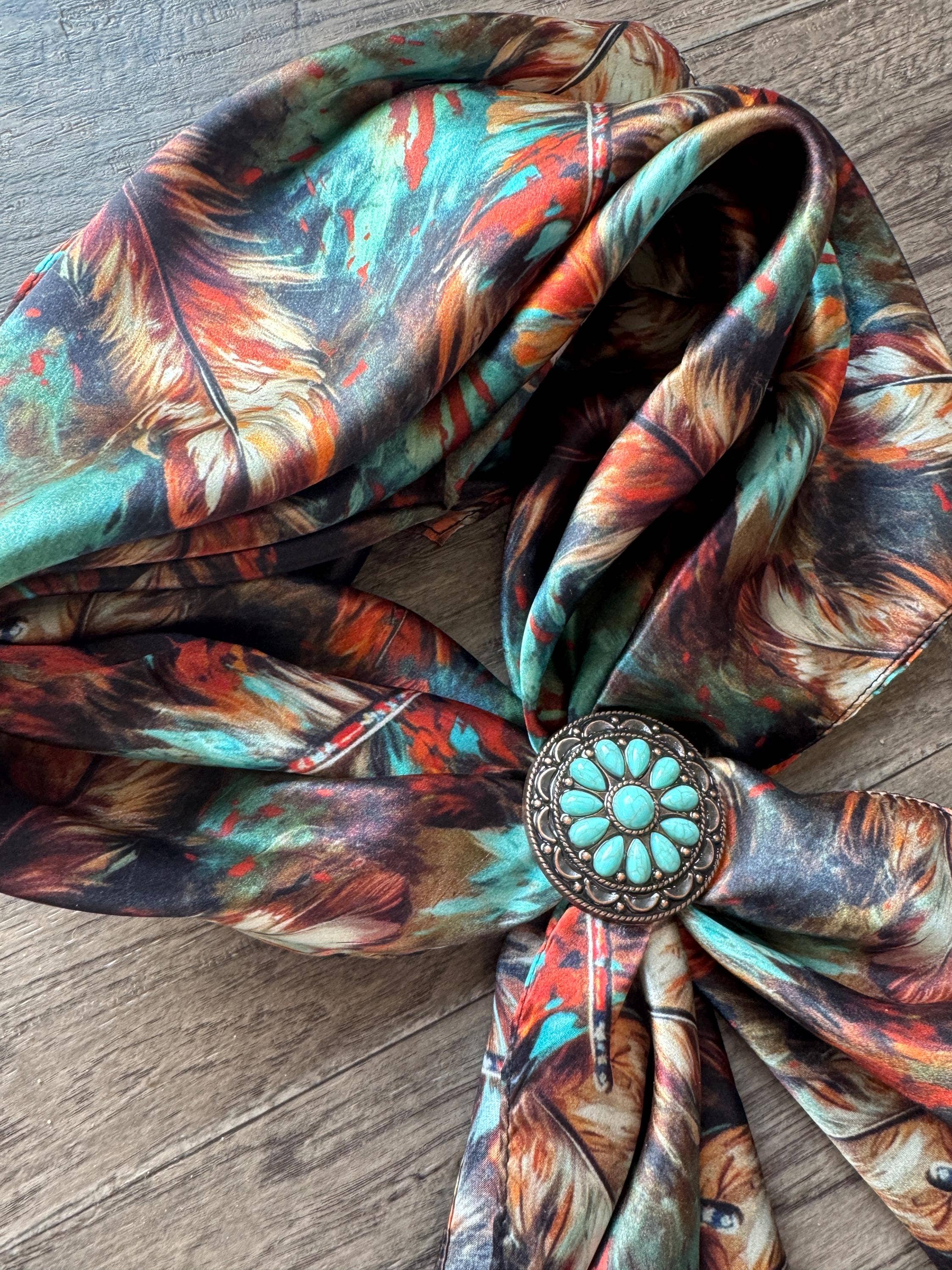Double B Wild Rags - Wholesale Scarf - Women's - 100% Silk Wild Rag Deep Rust Brown and Teal Feathers by Double B Wild Rags3