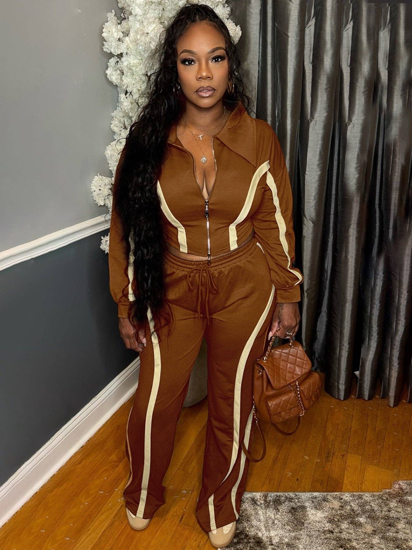 MB Fashion Wholesale - Wholesale Lounge Set - Women's - MB FASHION Zip-Up Contrast Stripe Two-Piece Lounge Set 50393