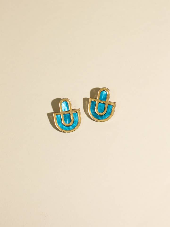 Devin 2 - Blue Gold Colorful Acrylic Statement Stud Earrings for wholesale by Moon-Seed