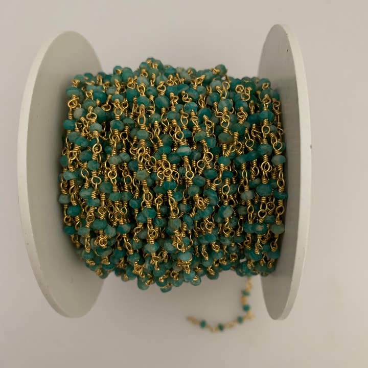 Purity Beads - Wholesale Beaded/Pearl Necklace - Amazonite Gold Plated Rosary Beaded Chain, Gemstone Chain, Natural Gemstone chain, Anti-Tarnish Finished chain. 1 Foot.