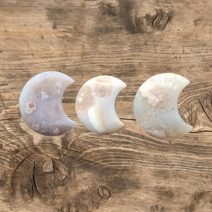 Natural Gemstone Crafts Hand Carved Flower Agate Crystal Half Moon for wholesale by Light Breeze Candle Co.