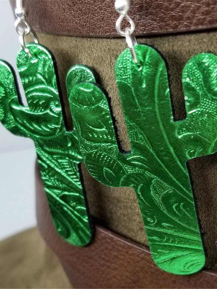 Green Metallic Cactus Shaped Real Leather Earrings for wholesale by Simply Raevyn