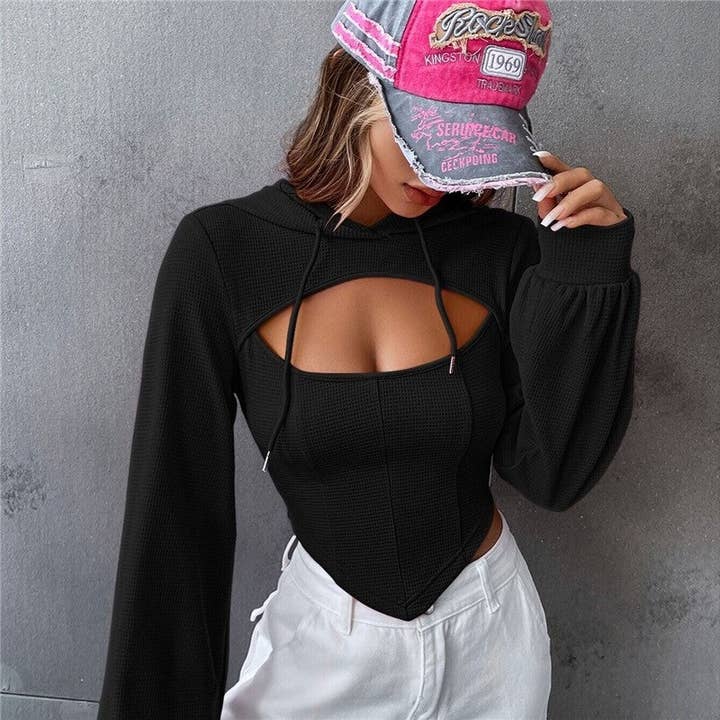 NOIR Haut deux pièces court à capuche Slim Fit de couleur unie en vente sur Faire2