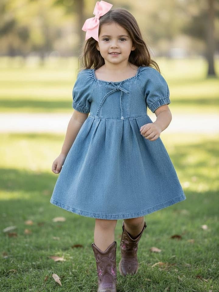 Cute bubble sleeve denim dress. DRG55527 SOL for wholesale by Kids Charm Online