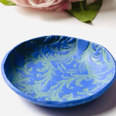 Purple With Green Flourish Stamp Ring Dish/Jewelry Dish/Clay Dish for wholesale by Janine’s Jewelry Design