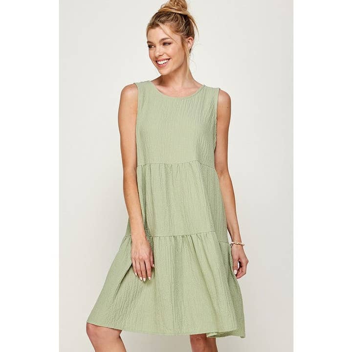 Tiered Pleated Textured Round Neck Midi Dress for wholesale by UP CLOTHING