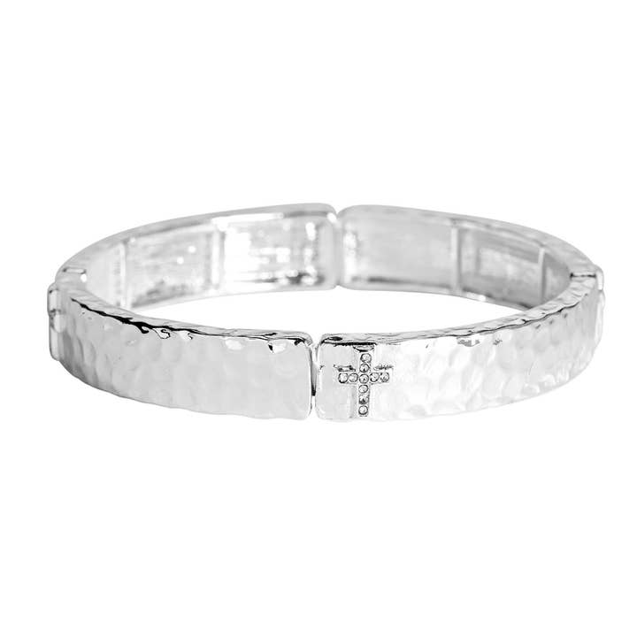 Stretch Bracelet Hammered Silver Cross for wholesale by Magnolia