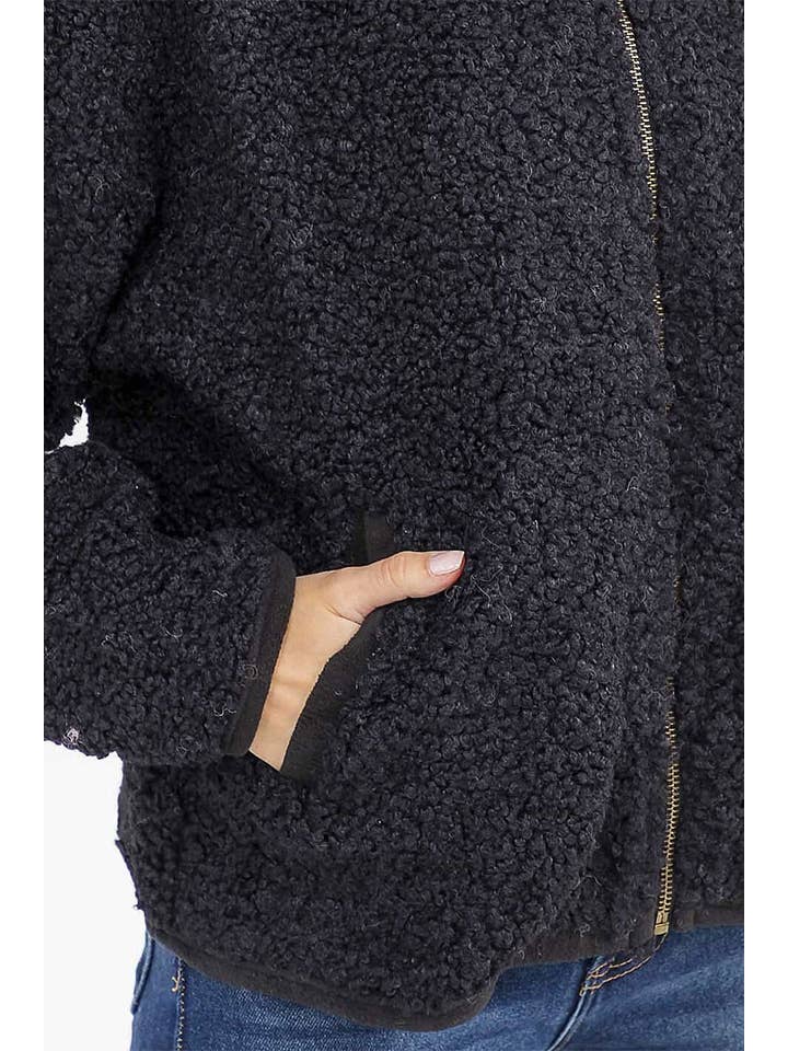 ROUSSEAU - Wholesale Jacket - Women's - SOLID SHERPA HOODED ZIP UP POCKET FRONT JACKET3