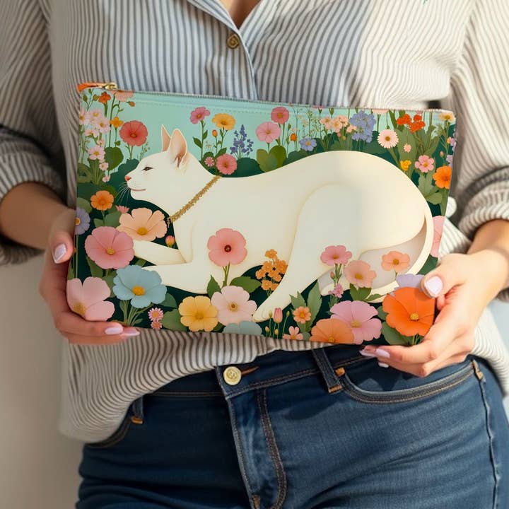 Atelier Vero – Wholesale Art & Gifts: Coastal, Cats, Blooms - Vendita all'ingrosso Astuccio - Unisex - Astuccio con Cerniera Floreale Gatto Bianco – Borsa Regalo per Amanti dei Gatti