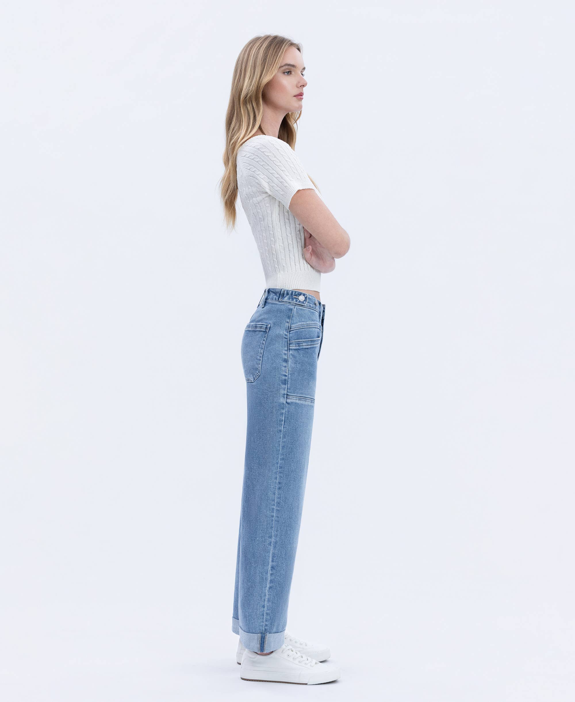 MULTI LOVE HIGH RISE TAB WAISTBAND CUFFED SLIM WIDE JEANS T6700 for wholesale on Faire5