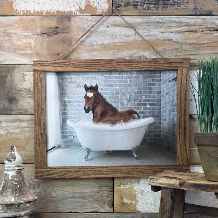 Hangout Home - Wholesale Bathroom sign - Horse in Bathtub Funny Bathroom Wood Sign Framed3