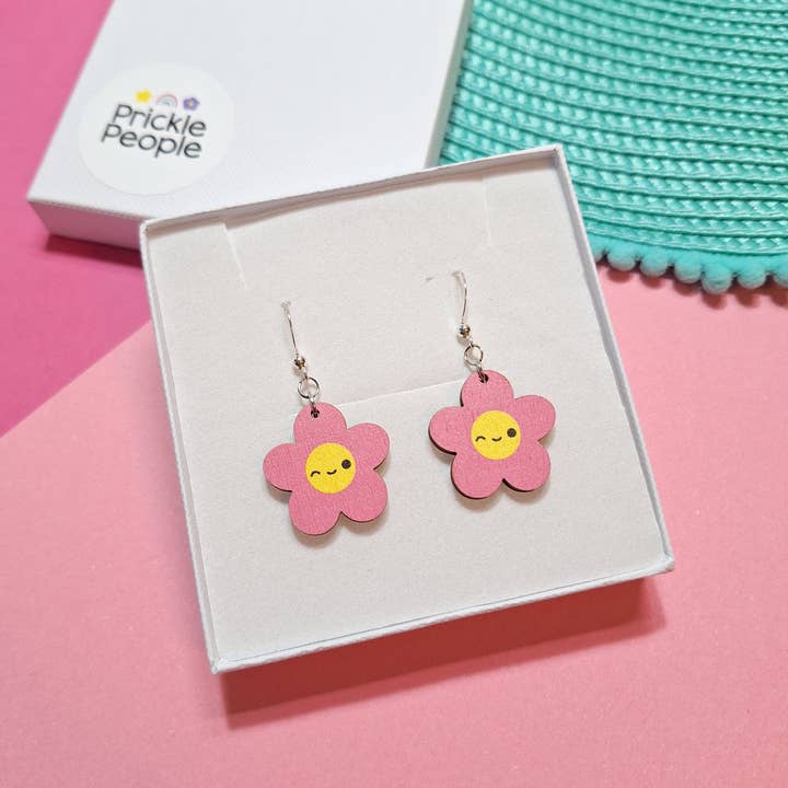 Cute Pink Flower Dangle Earrings, Wooden, Kawaii for wholesale by Prickle People