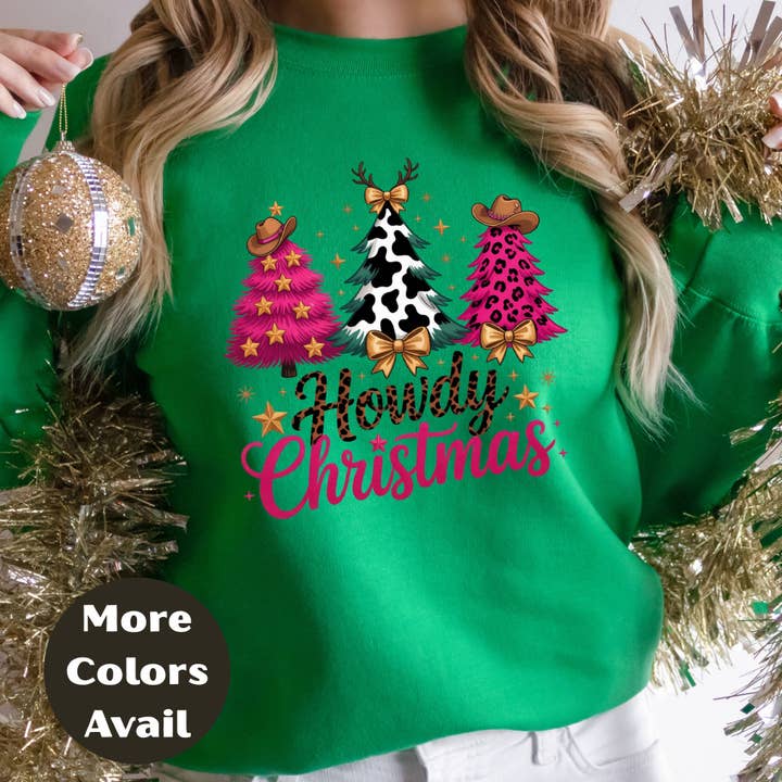 Epic Life - Designed - Wholesale Screen Printed T-Shirt - Women's - Howdy Christmas Shirt or Sweatshirt – Western Cowgirl Christmas Trees Top – Small-4XL Plus Size – Multiple Colors7