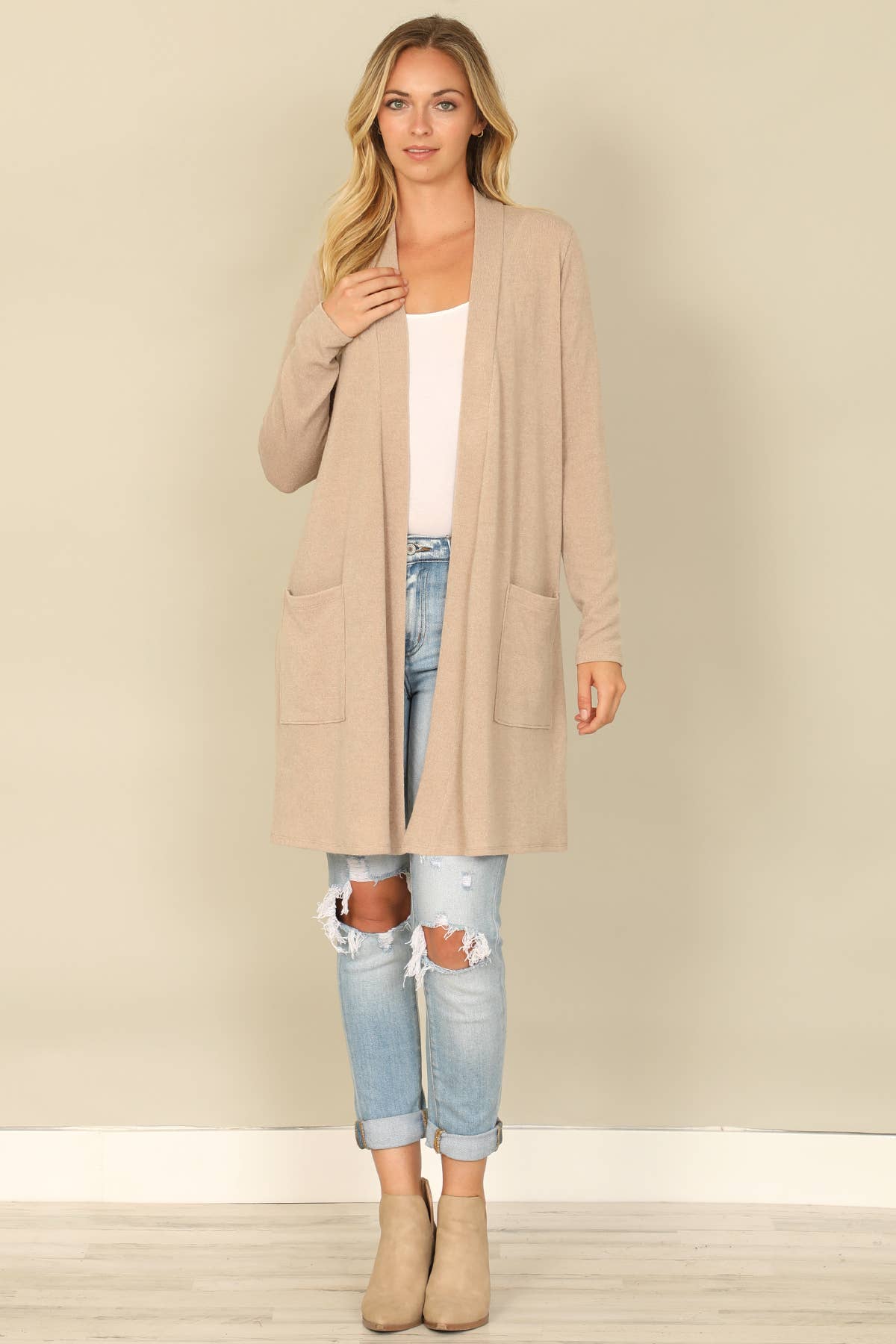 You & Me - Wholesale Cardigan - Women's - YMC30014V-SOLID LONG SLEEVE SIDE POCKET OPEN FRONT CARDIGAN12