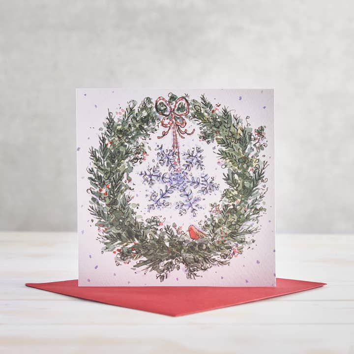 Snowflake and Wreath Christmas Greetings Card for wholesale by Helen Wiseman Illustration