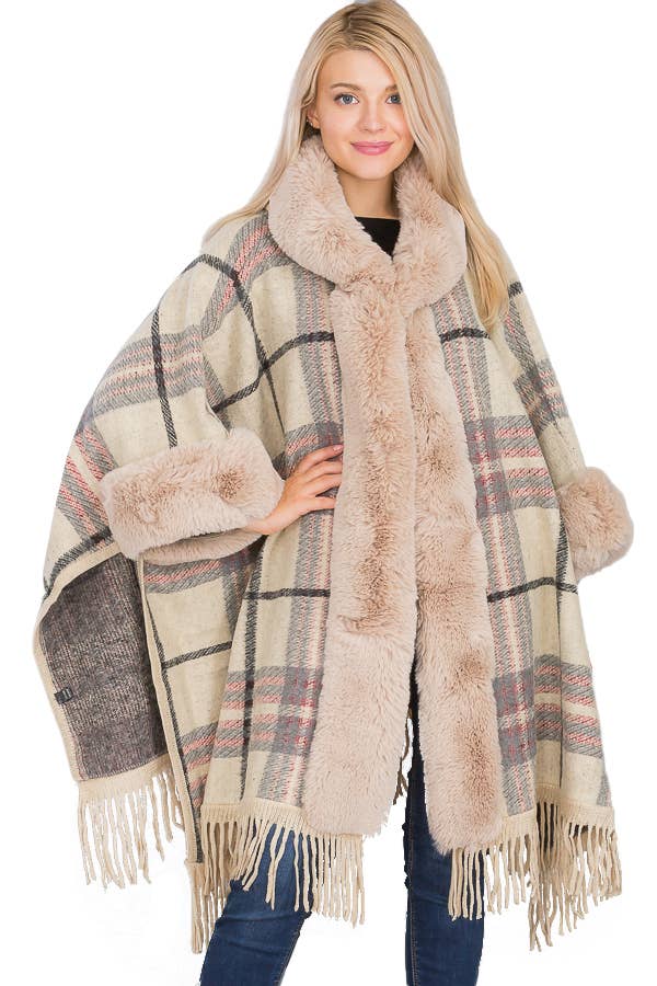 Grigio Poncho con cappuccio Ruana a silhouette aperta in stile eschimese scozzese in vendita all'ingrosso su Faire0