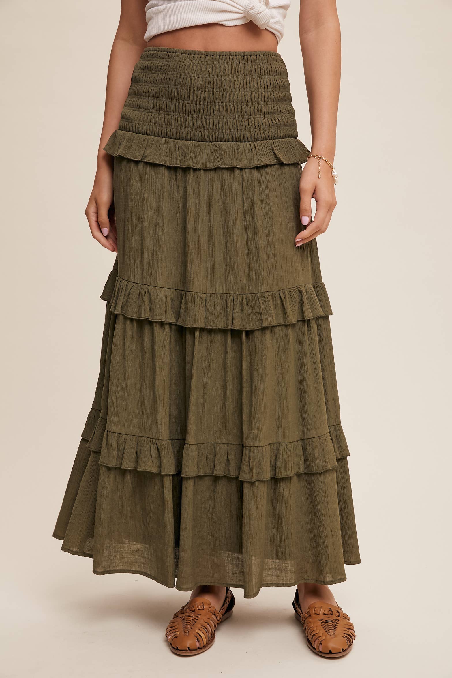 Listicle - Wholesale Skirt - Women's - 2-Way Smocked Ruffle Tiered Midi Dress or Skirt24