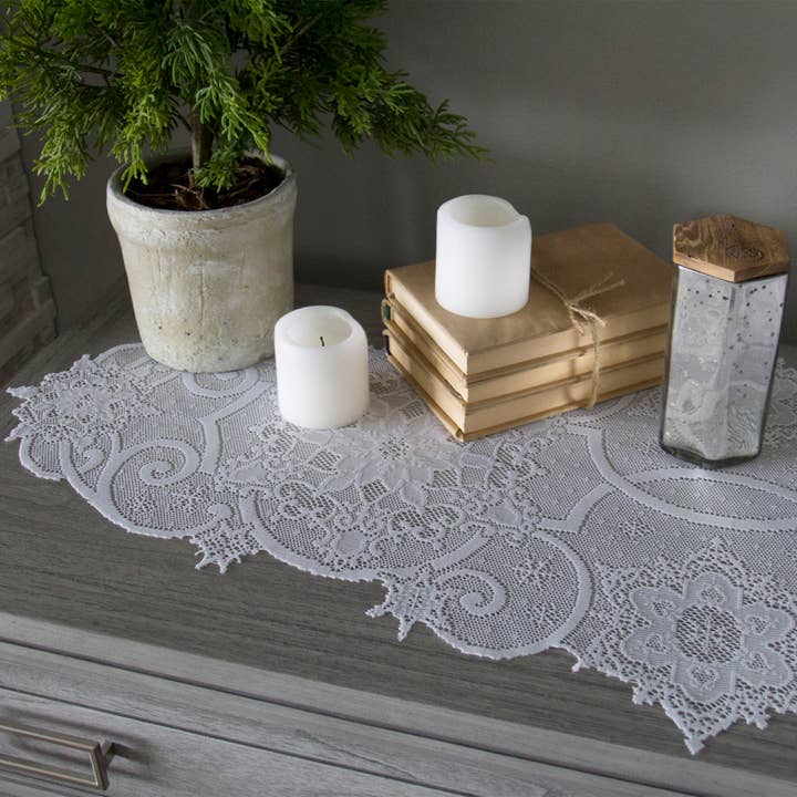 Heritage Lace - Wholesale Table Runner - Snowflake 19x46 White Lace Table Runner