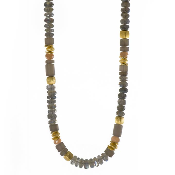 Joyla Jewelry - Wholesale Beaded/Pearl Necklace - Labradorite, Peach Moonstone and Smoky Quartz Necklace 8mm 24K Fair Trade Gold Vermeil1