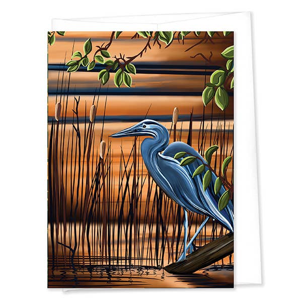 Blue Heron i Marsh gratulationskort (2 storlekar) för wholesale av Linda Sholberg Art