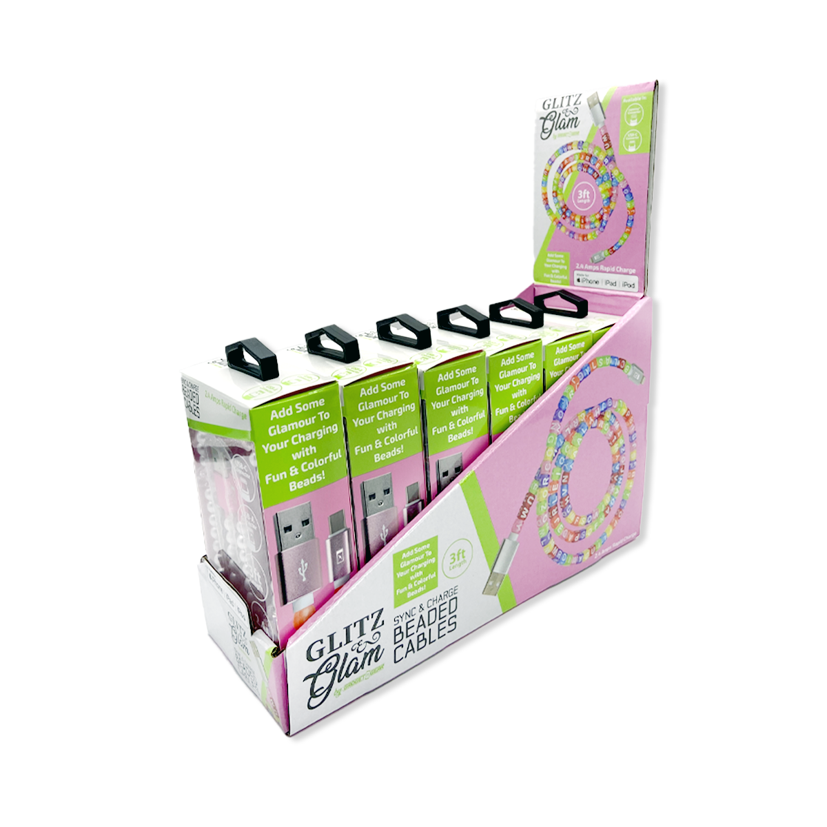 Novelty Brands - Wholesale Charging Cable - Charging Cable Variety Glitz & Glam Beaded 3 ft- 6/Display1